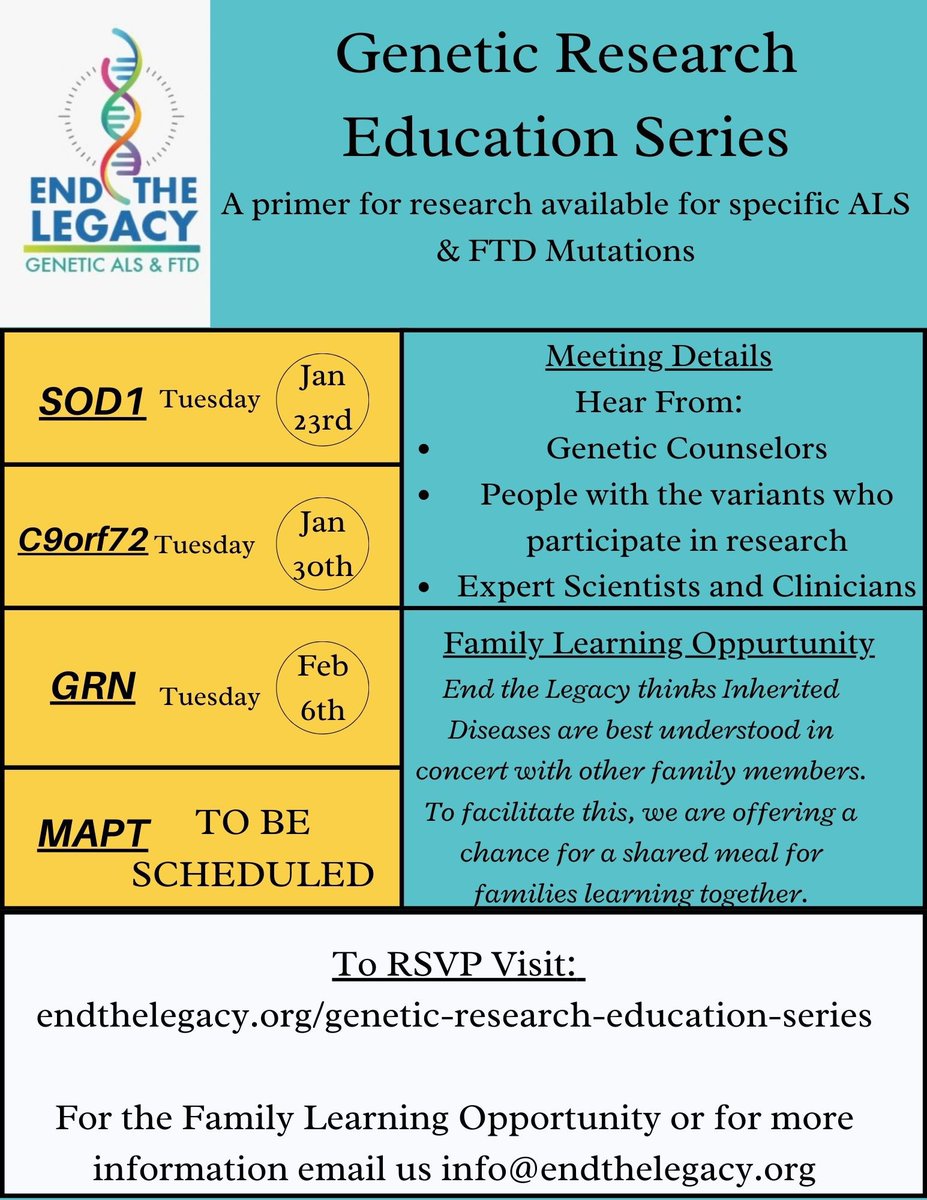 End_The_Legacy's tweet photo. Tailored information on research available for people with specific ALS and FTD variants - the Genetic Research Education Series will highlight what humans with these genes can do to help drive research.1/4 https://t.co/XaUc0aiDy4