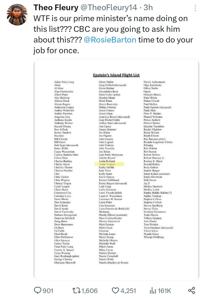The CBC is not going to ask Justin Trudeau about this "Epstein's island flight list", because the list is fake.