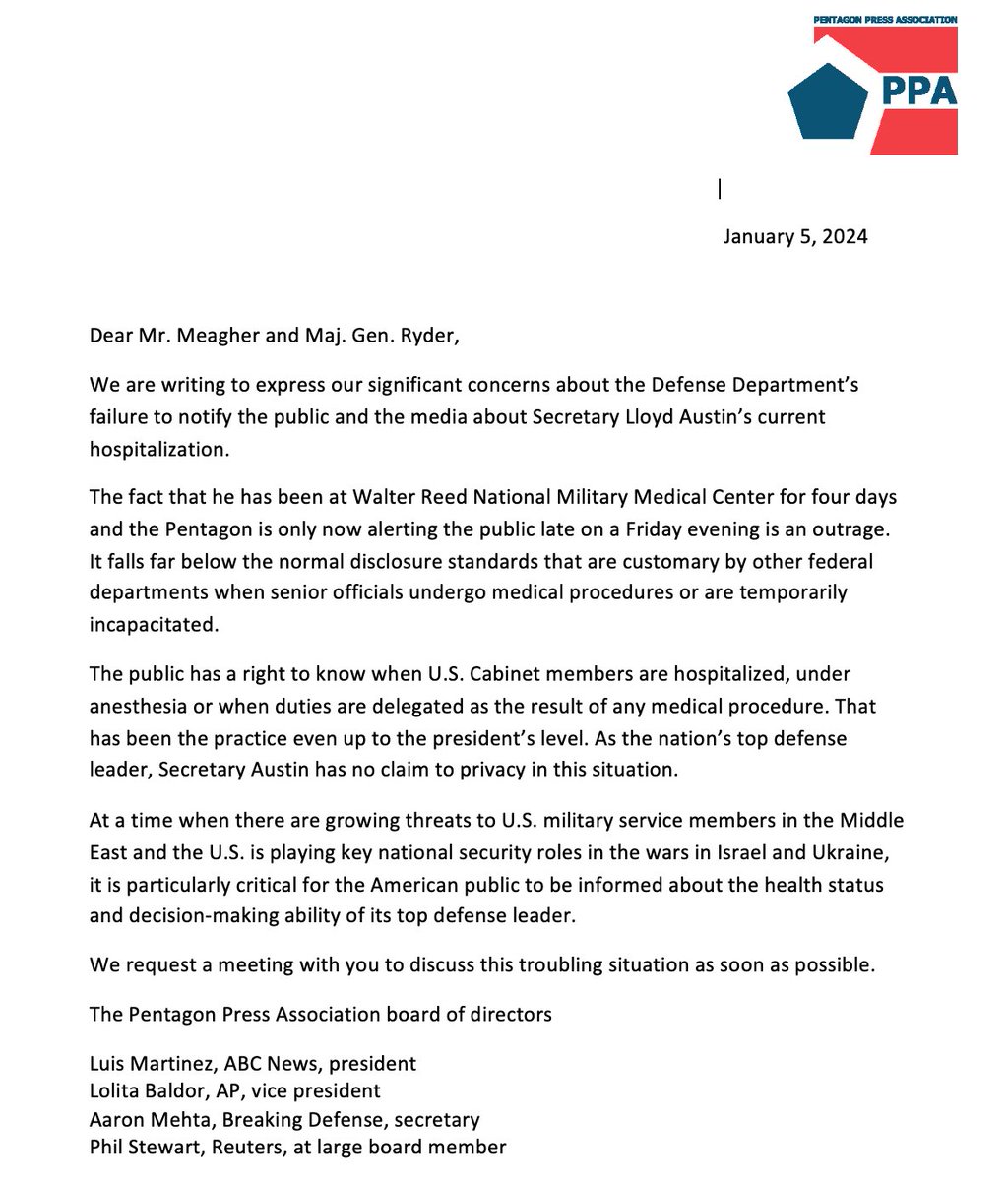 From the Pentagon Press Association, to the heads of the Pentagon’s press office. The American public deserves transparency. Period.