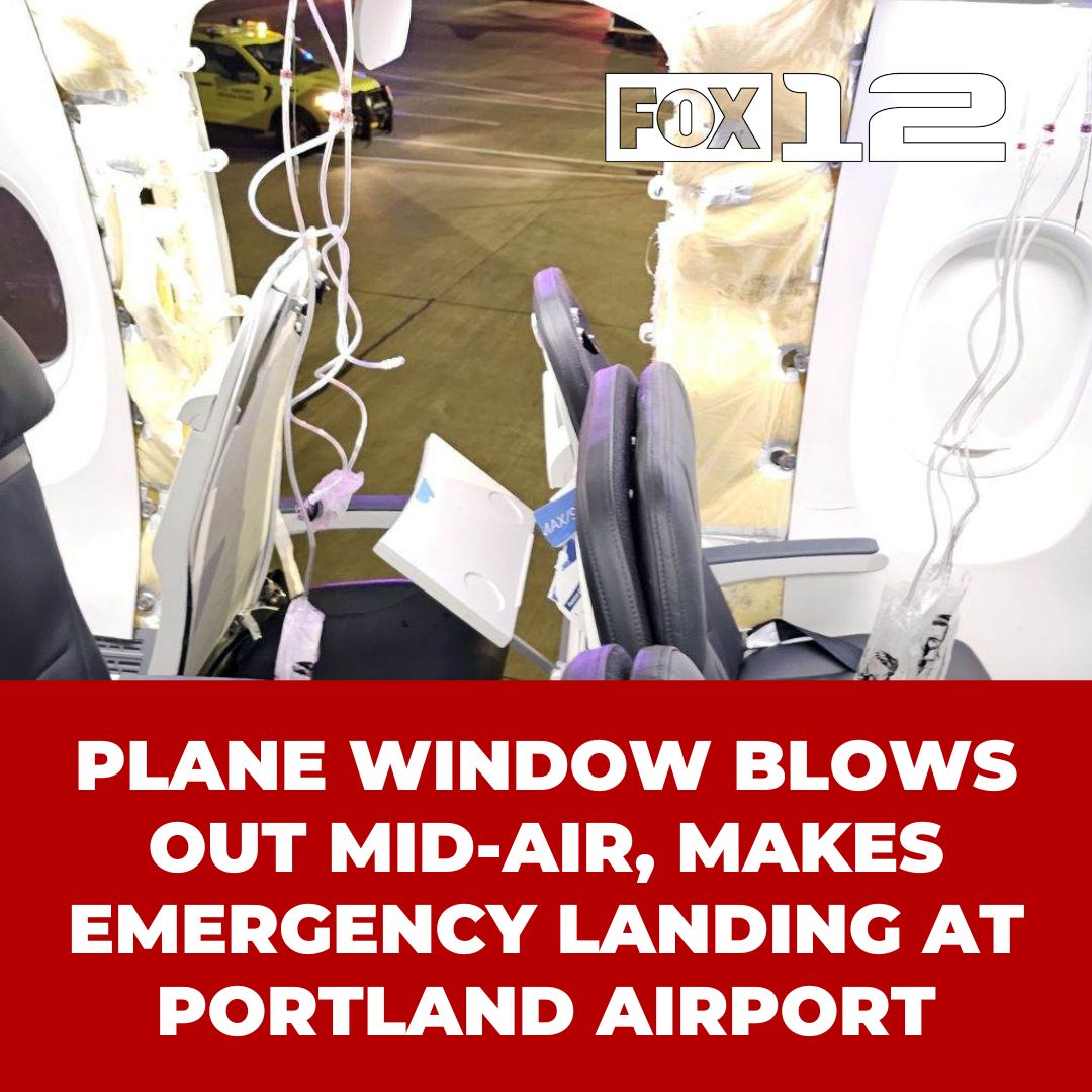 fox12oregon's tweet photo. BREAKING: An Alaska Airlines flight was forced to make an emergency landing at Portland International Airport on Friday night after a large window section of the aircraft blew out in mid-air. https://t.co/D9iRLeWc2z https://t.co/bzWfXRDCgm