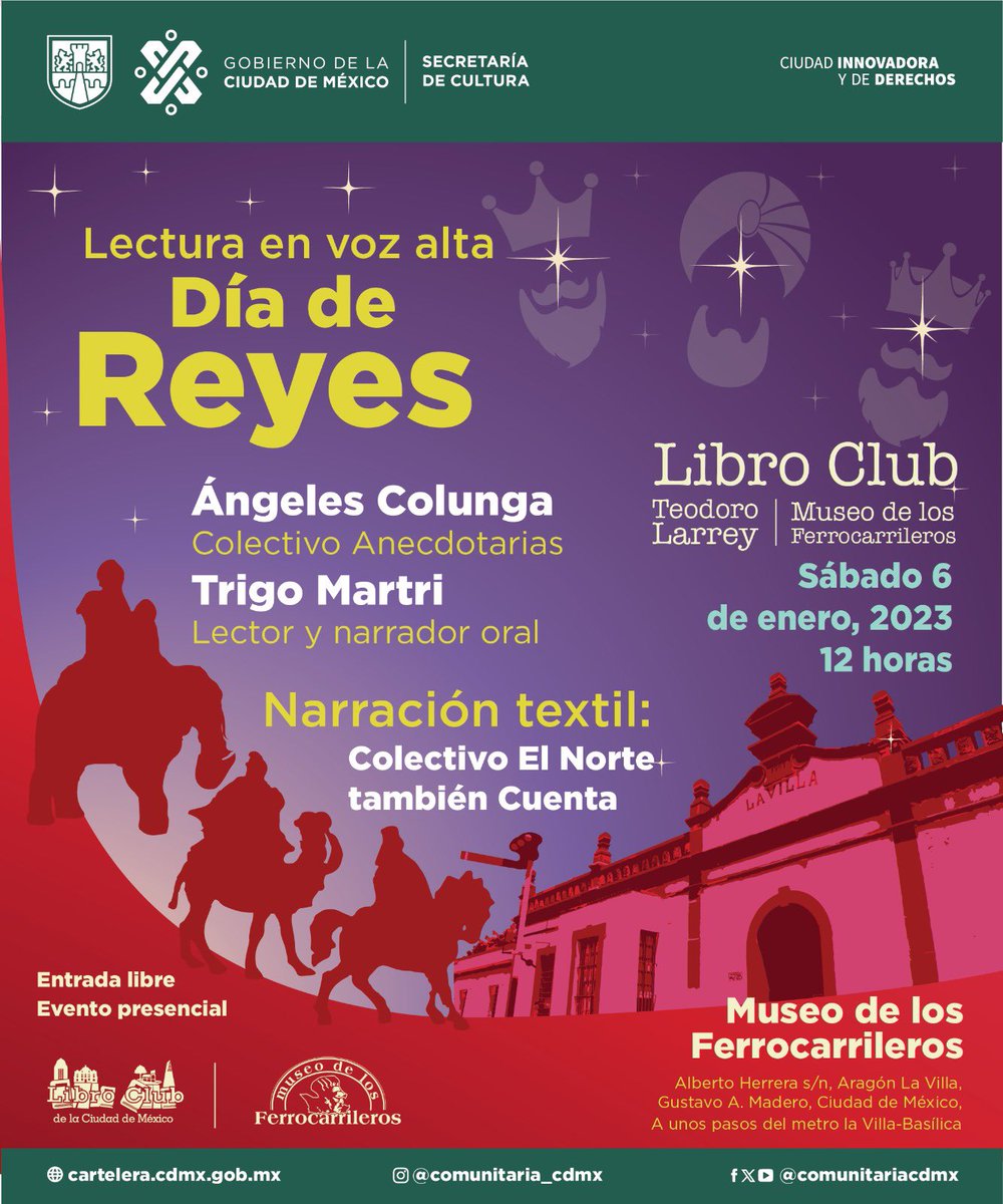 ComunitariaCdMx's tweet photo. Para iniciar el 2024 con propuestas culturales para toda la familia, el programa de #LibroClub de la Secretaría de @CulturaCiudadMx te invitan este 6 de enero a la lectura en voz alta en compañía de varios colectivos.

La cita es a las 12 horas en el @MFerrocarril.

#EntradaLibre https://t.co/SF8MISixQ0