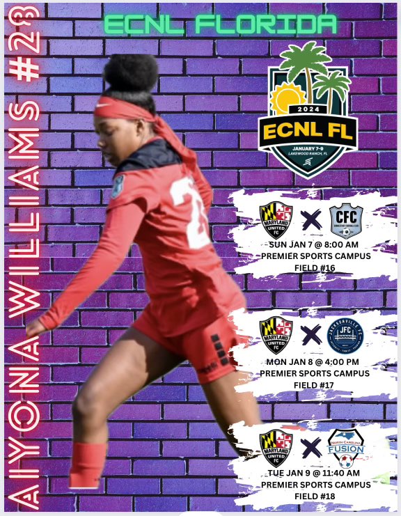 Come see the Maryland United GO7 ECNL team and I play this weekend at #ECNLFLORIDA!
<a href="/ECNLgirls/">ECNL Girls</a> <a href="/ImYouthSoccer/">ECNL/GA/Recruiting/College Soccer</a> <a href="/TheECNL/">The ECNL</a>
<a href="/PrepSoccer/">Prep Soccer ⚽️</a> <a href="/teamgiveandgo/">Team Give & Go</a> <a href="/TopPreps/">College Coach / College Scout / College Recruiter</a>
<a href="/TopDrawerSoccer/">TopDrawerSoccer</a> @SoccerMomInt <a href="/ImYouthSoccer/">ECNL/GA/Recruiting/College Soccer</a> <a href="/ImCollegeSoccer/">College Soccer Truth ™</a>
<a href="/TheSoccerWire/">SoccerWire</a>