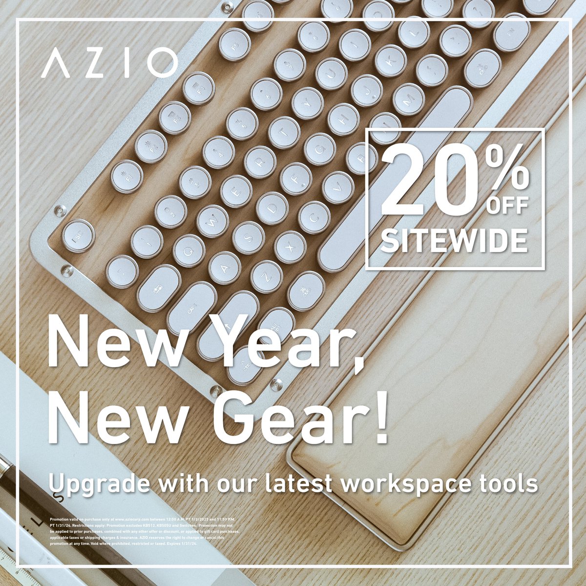 Upgrade your desk's look with our stylish, sleek design mechanical keyboards. Enjoy a 20% discount this January! #azio #keyboard #mouse #design #january #sale #promo #tech #promotion #discount #sitewide #shop #gift #mechanical #desksetup #workspace #tools #upgrade #pc #mac #gamer