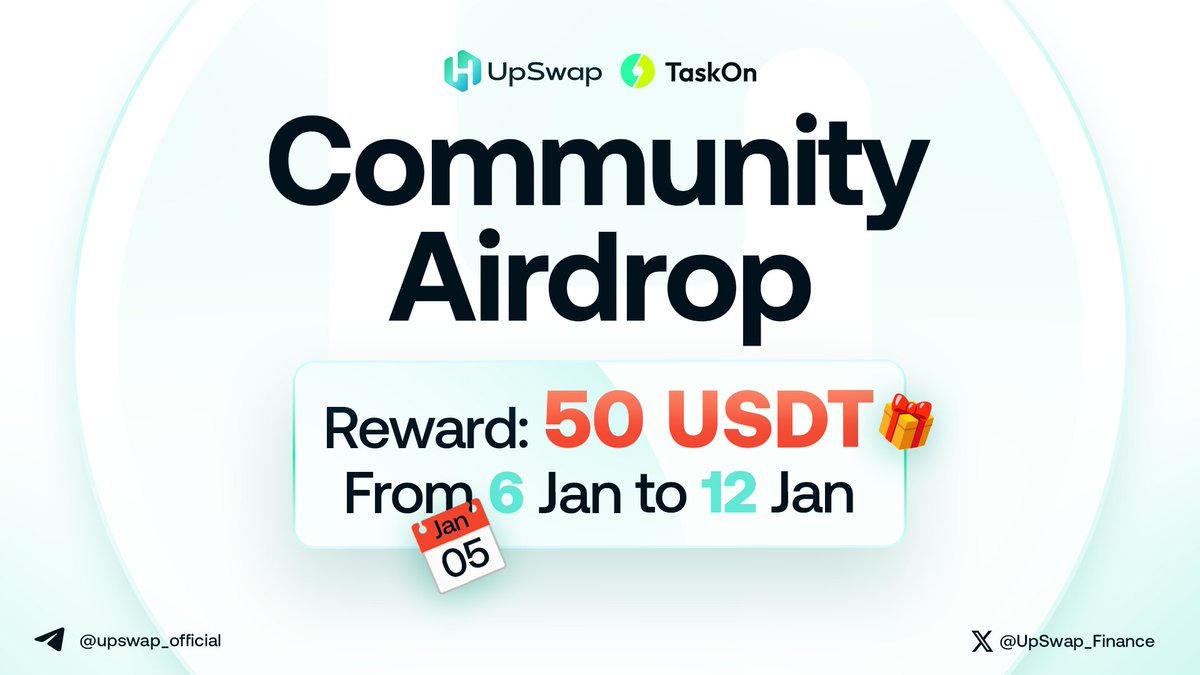 UpSwap_Finance's tweet photo. 🎉To kick start 2024 - Year of UpSwap x @taskonxyz , here is a 50 USDT Giveaway for you! 💰

♻️UpSwap Finance is the First native launchpad and DEX on @Hela_Network. Coming soon with 14 tools and services.

Here's how to participate: [Taskon Link]

📅 Save the date to participate: January 5 - January 12

🏆Leaderboards: 10 Winners
🥇Top 1: 15 USDT
️🥈Top 2: 10 USDT
️🥉Top 3-7: 5 USDT/each

📖Remember: Users who invite the most friends will get the rewards.

🔸 Don't miss out on our first Giveaway, and remember to complete all the tasks! 🙌

#UpSwap #HLUP #launchpad #BuildOnHeLa #HeLa