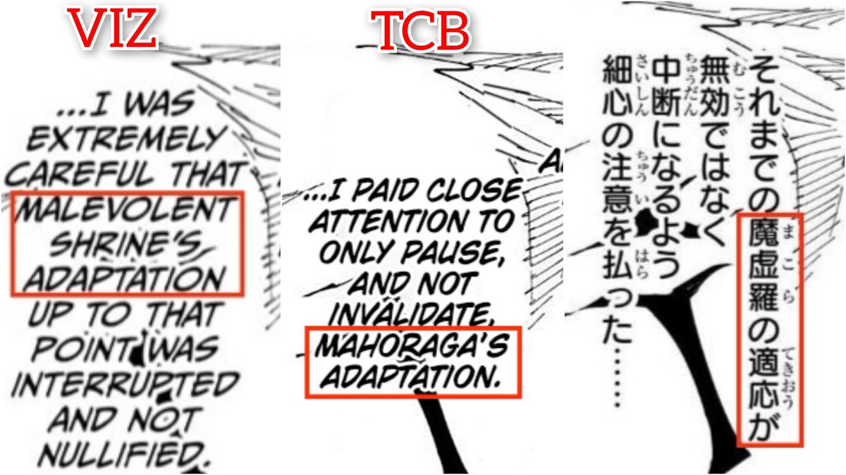 Another blunder in translation by Viz official translator John Werry

Even tho its clearly stated in original Japanese release that it's 
‘魔虚羅の適応が’ ~ ‘Mahoraga's Adaptation’, it somehow got translated into ‘Malevolent Shrine's Adaptation’

I hope they correct it soon