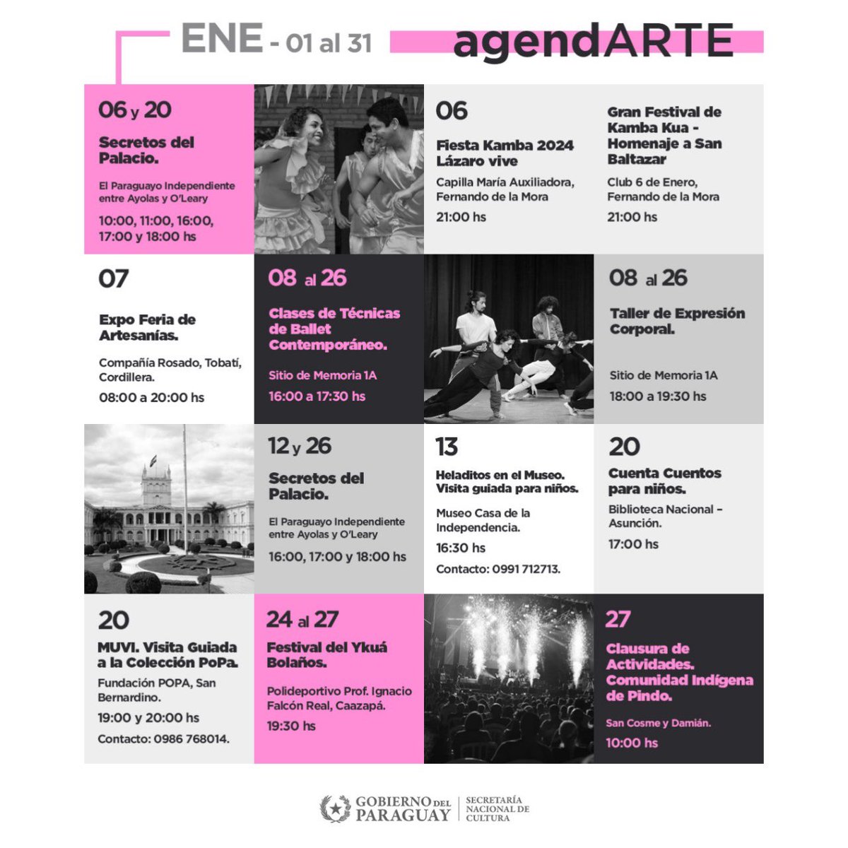 OrtizSemidei's tweet photo. #AgendARTE
¿No sabes qué hacer este finde?, acá algunas de las actividades ✨✨
En estas vacaciones disfrutá alrededor del País 🇵🇾🙌🏻
¡ Seguí la cuenta de @cultura_py y enterate más !
#SomosCultura
#GobiernoDelParaguay https://t.co/GD9Icbibbl