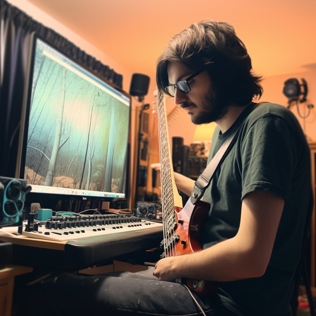 IAmFuzz's tweet image. AI’s interpretation of me recording some new songs. 

Midjourney is definitely flattering in terms of what it thinks I look like and the kind of recording studio I have. 😂😂
