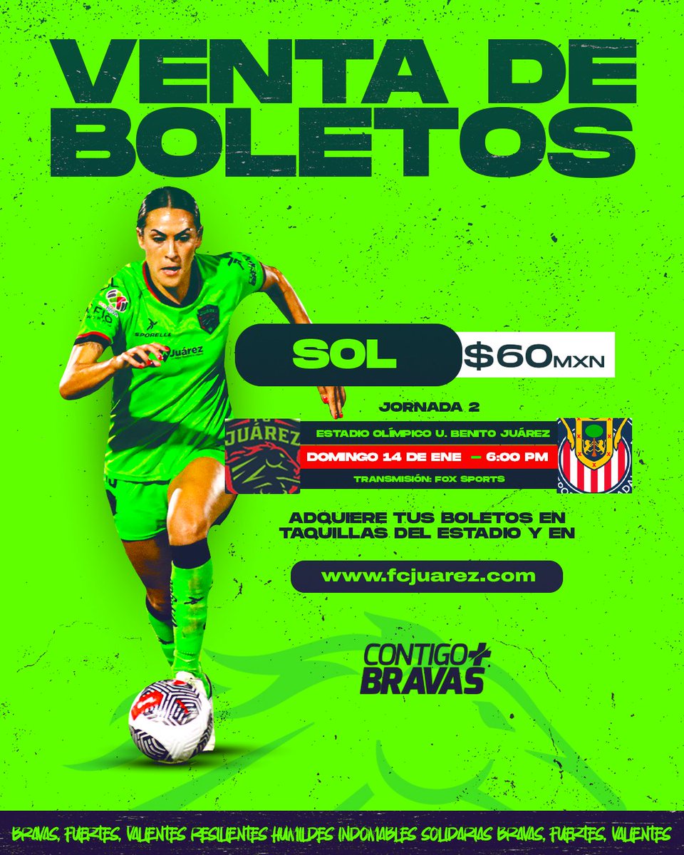 Nuestro primer partido de local es contra Chivas el 14 de enero. 🐎¡No te lo puedes perder!🙌

#ContigoMásBravas