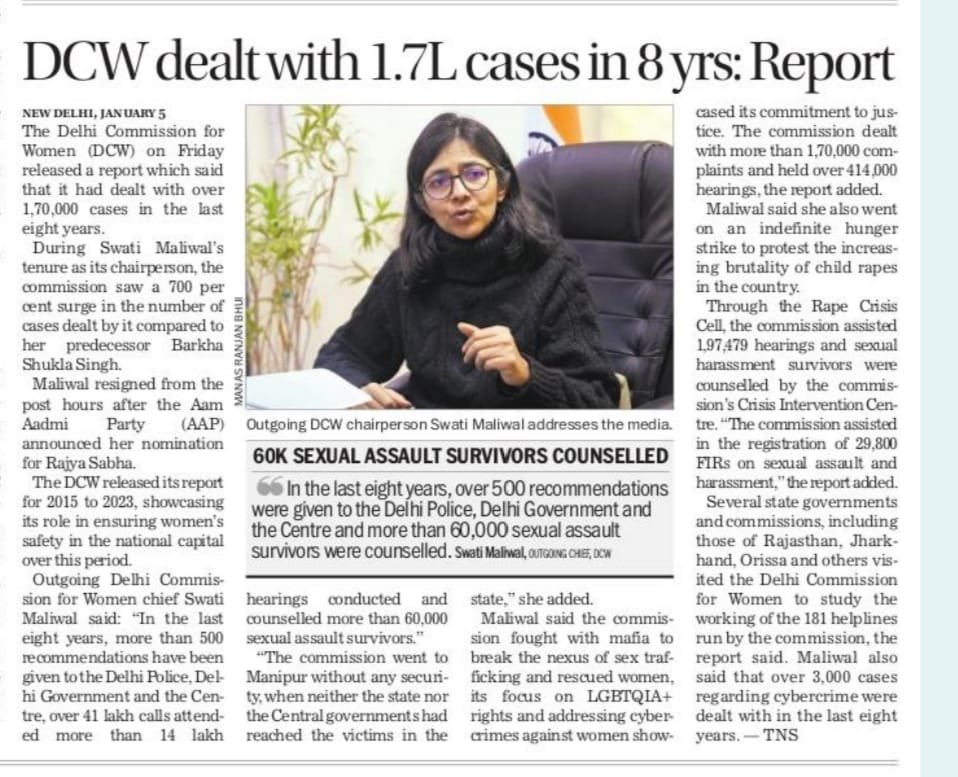 DCW dealt with 1.7L cases in 8yrs : DCW Report #SwatiMaliwal