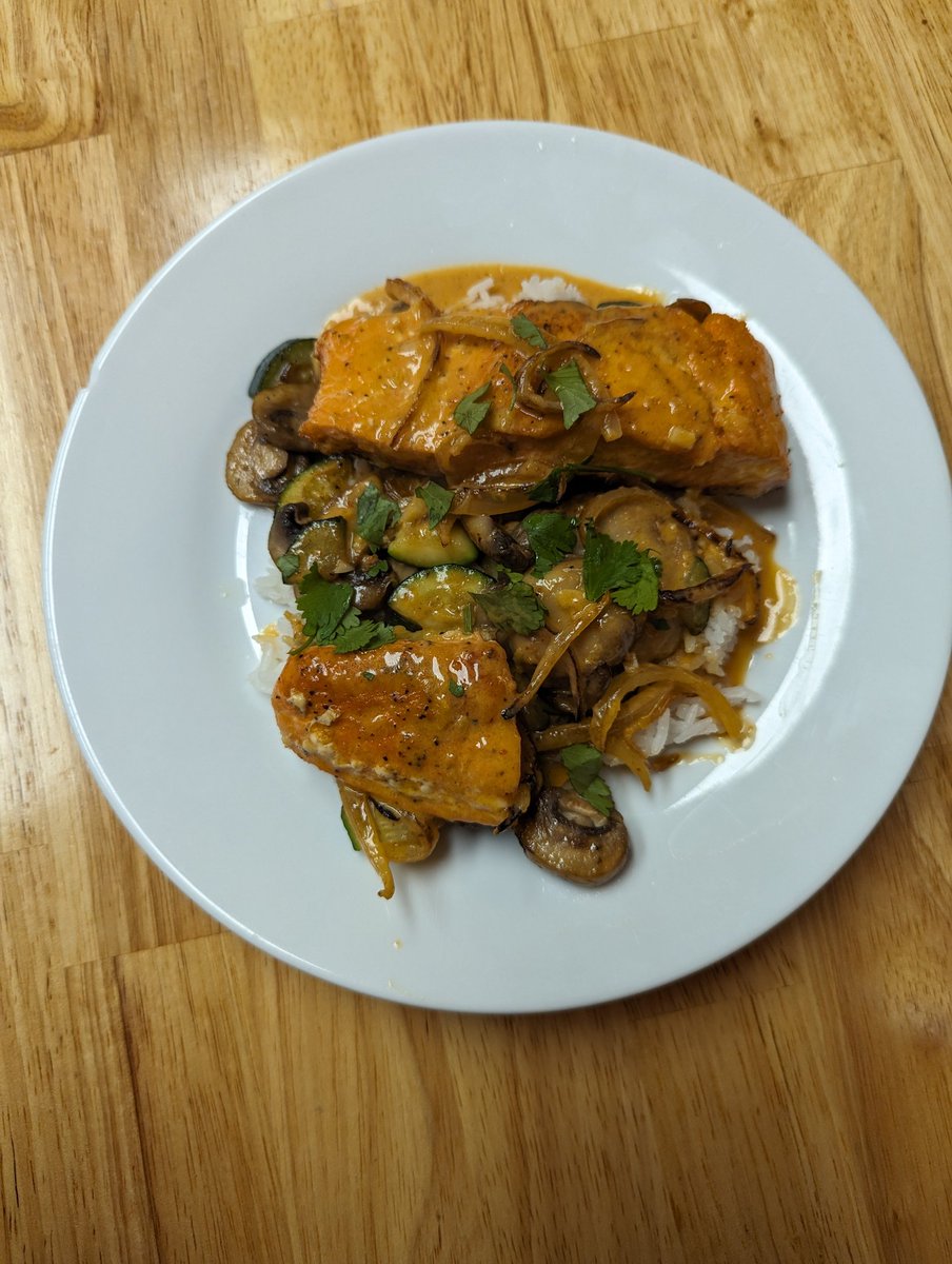 Pulled salmon out of the freezer and it needed some sauce to hide the fact that it wasn't the best piece of fish. This Thai coconut red curry was so yummy.