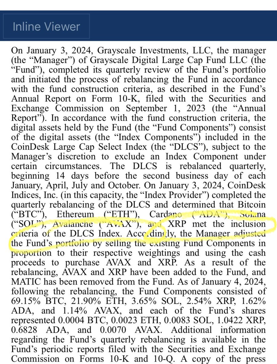 🚨NEW: Following a quarterly rebalance, <a href="/Grayscale/">Grayscale</a> has added $XRP to its Digital Large Cap Fund which seeks to provide investors with exposure to large-cap coverage of the digital asset market.