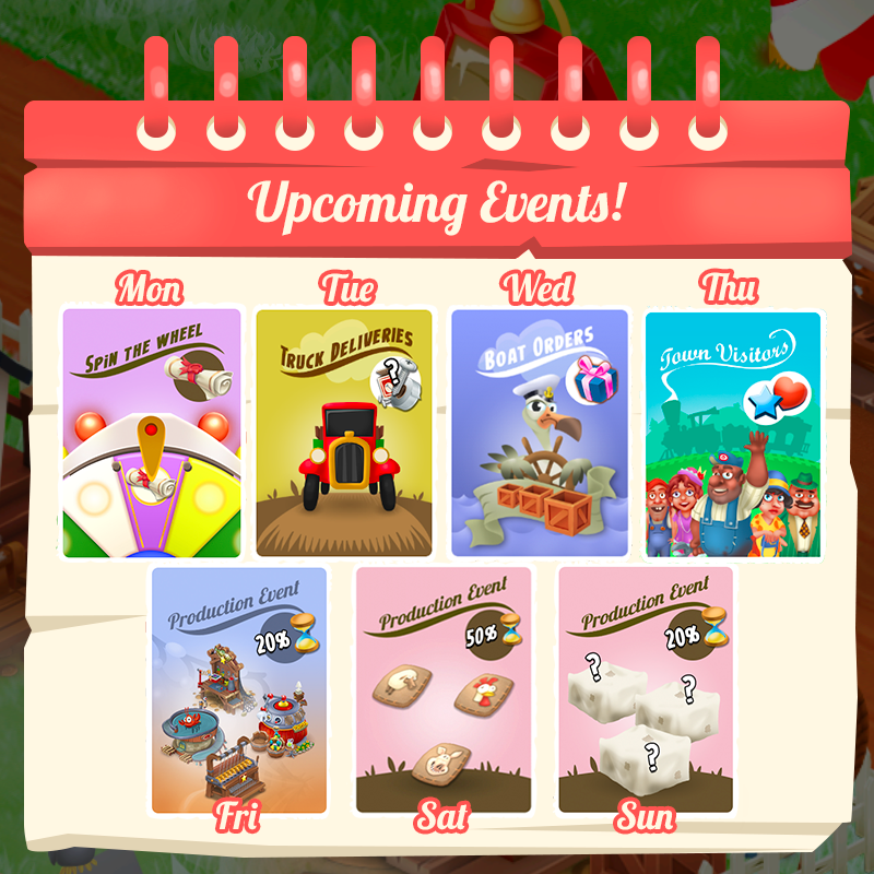 Second Week of the year is here with more amazing events!✨

All events start at 8AM UTC

For more details on each event, please go to the event board!

Have an excellent week!

#HayDay