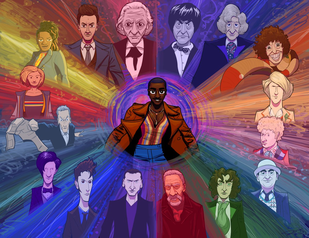 JorellRivera's tweet photo. Alright, let’s take this from the top one more time…
I updated and redesigned my Doctor Who group piece for 2024! I think it’ll make a cool print along with my 15th Doctors group print, no?
#doctorwho #thedoctor #scifi #art #illustration #cartooning #photoshop #dw60 https://t.co/pKBPbjDqGO