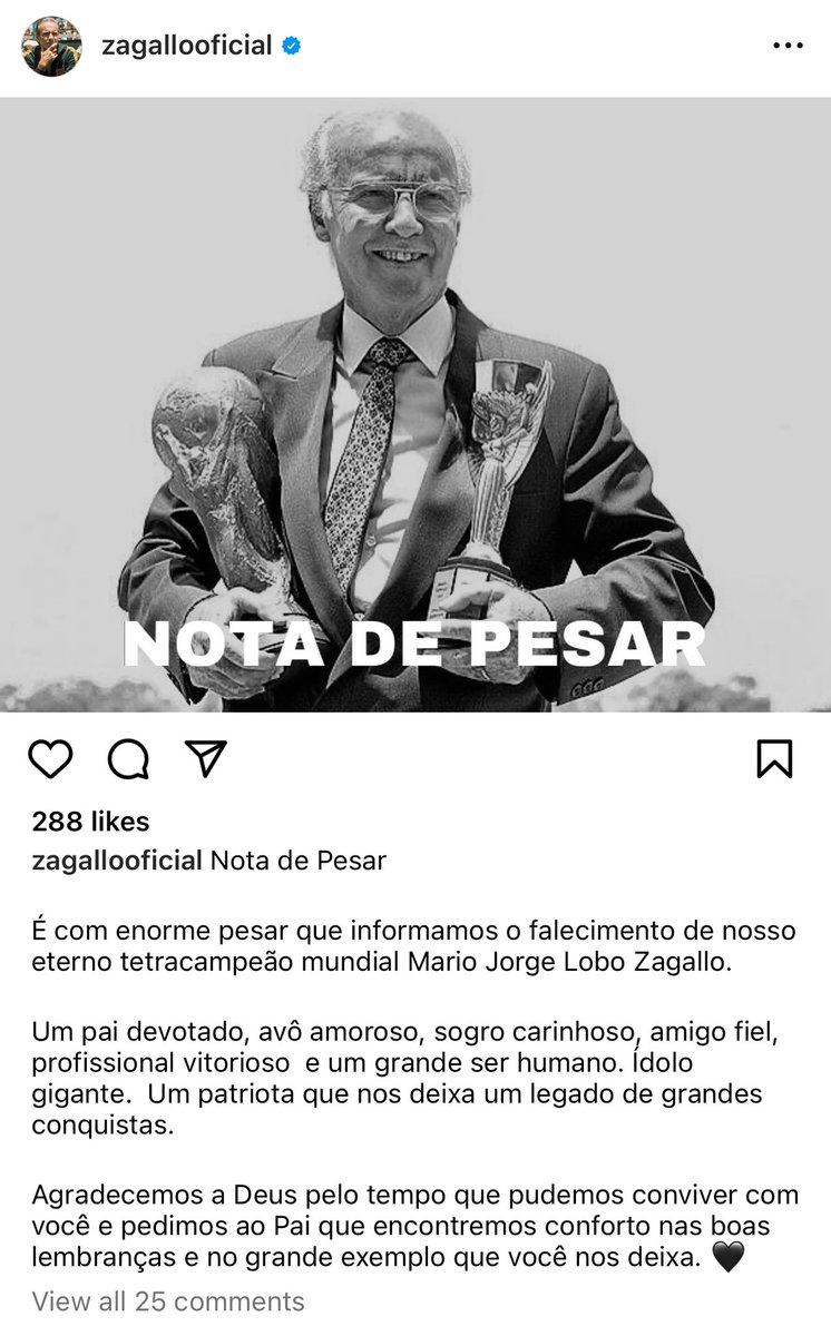 essediafoilouco's tweet photo. O perfil oficial do Zagallo no instagram informou o falecimento do tetracampeão do mundo.

Descanse em paz, velho Lobo 🖤 https://t.co/jiYPF3FOQR