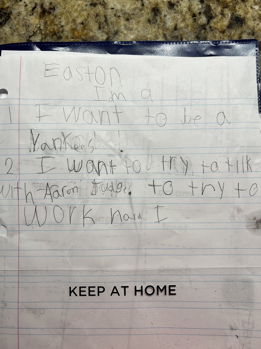 Amber03682155's tweet photo. This kid has the biggest heart and the most love for the @Yankees and @TheJudge44 . This is what we found in his folder after school. Aaron if you can give this kid a shot out on hard work and to never give up, you would make his dream come true. https://t.co/LgBfQgWc5T