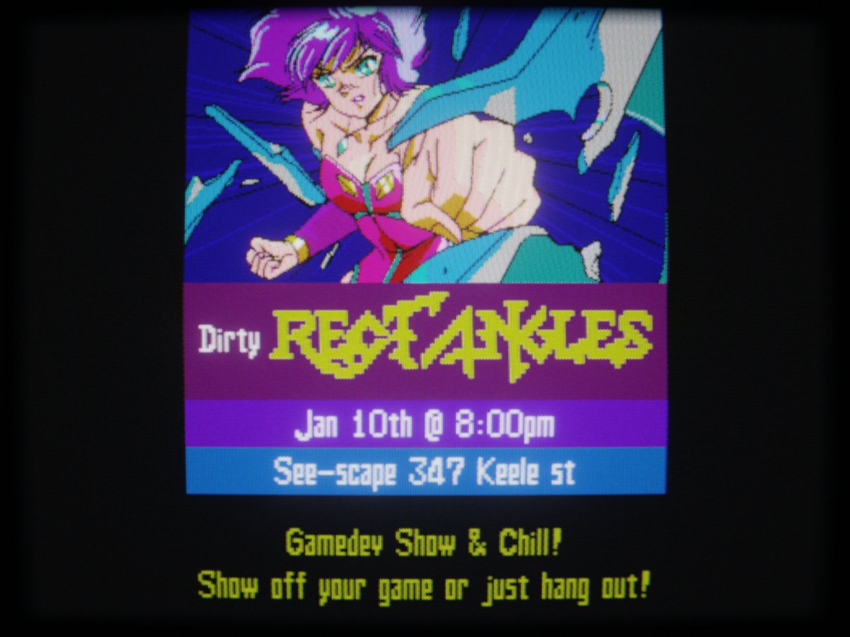 Rectangles_TO's tweet photo. Post it up!

Post it nooow

Post about our first Dirty Rectangles of the year.

(song poorly to the tune of Barbie Girl)

Jan 10th at 8pm like always at See-scape!
Come and talk gamedev and have a fun time.

Liam Sauvé will be talkin' about FAILURE, ooooh. https://t.co/8cAuGGL3Zt