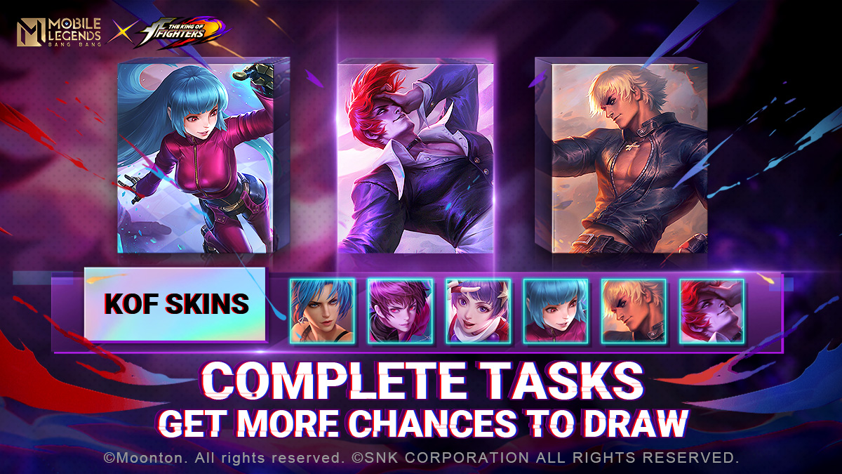 From 01/06 to 01/09, participate in the event to earn more KOF draw tokens. Use them in the MLBB × KOF draw event to obtain Skins, Battle Emotes, and other items. Don't miss out! 
#MobileLegendsBangBang
#MLBBxKOF