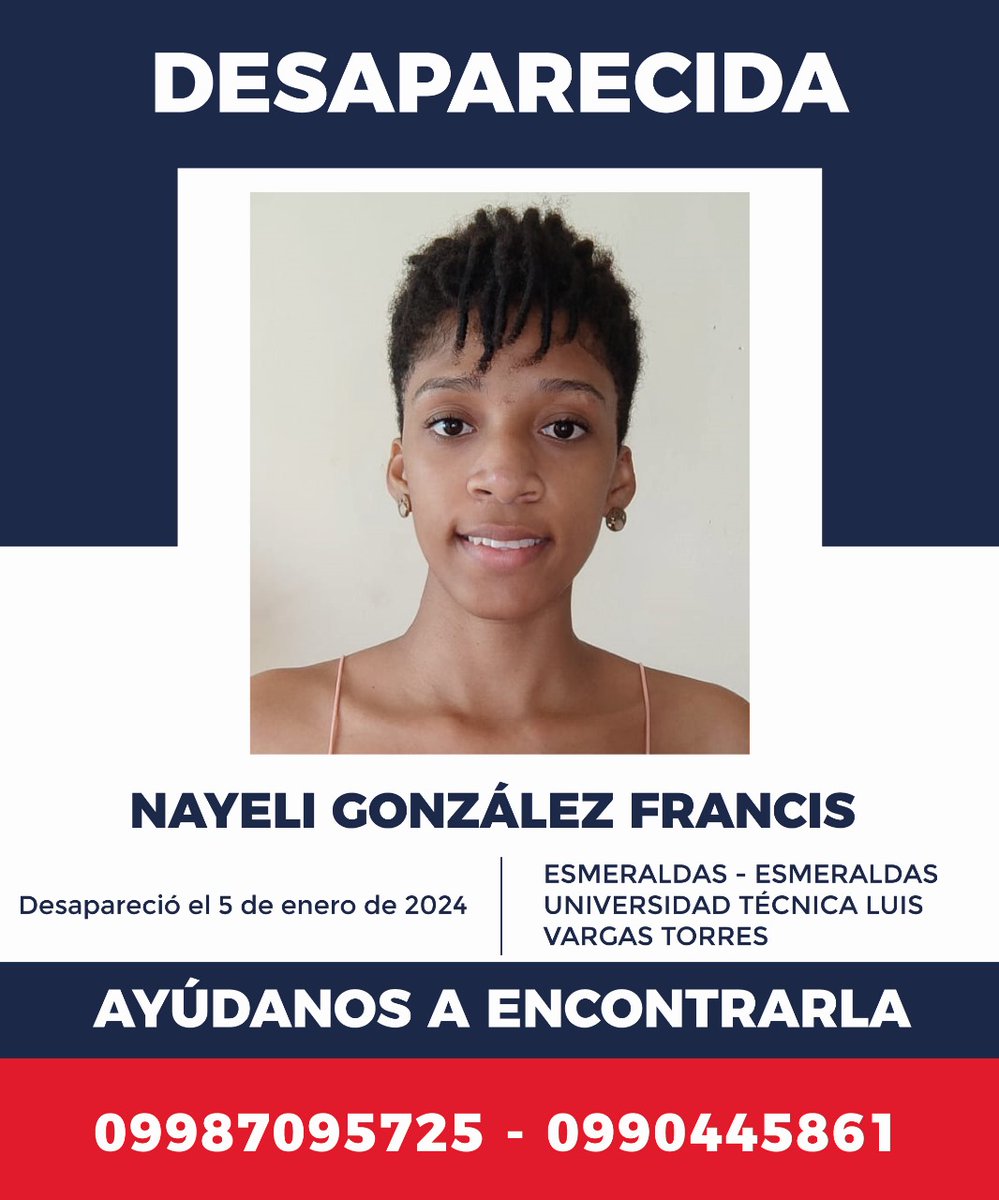 Nayeli está desaparecida.
Nayeli es parte de <a href="/MujeresAsfalto/">#MujeresDeAsfalto</a> compañeras feministas antirracistas y quienes trabajan procesos comunitarios en #Esmeraldas

Nayeli desapareció en Esmeraldas donde ¿parece que las vidas importan menos <a href="/ariannatancam/">Arianna Tanca Macchiavello</a> <a href="/DanielNoboaOk/">Daniel Noboa Azin</a> <a href="/DEFENSORIAEC/">Defensoría del Pueblo de Ecuador</a>