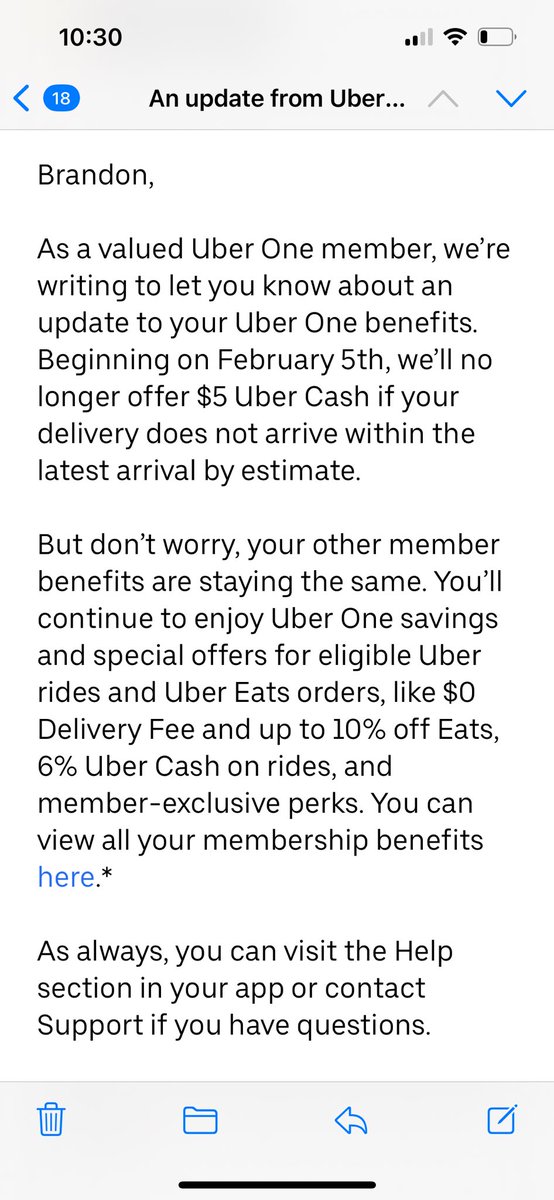 BFutch247's tweet photo. So basically… “As a valued member,” we’re letting you know your membership isn’t valued. Sheesh.

@UberEats stopped refunding wrong orders / missing items &amp; now taking away even more benefits. Zero accountability. Kicking off 2024 w/ cancelling #UberOne &amp; deleting this App. ✌️ https://t.co/SjNLLvMqwt
