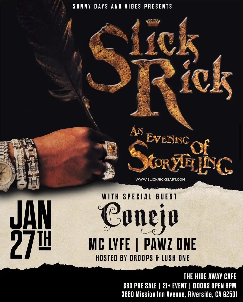 socalhiphop's tweet photo. #RIVERSIDE! 1/27/24
#SLICKRICK #CONEJO @PAWZ1 @McLyfe_ 
Hosts #DROOPS X @LushOne 

Tickets https://t.co/cvdbWXeXQL https://t.co/tlgYgTvWSG