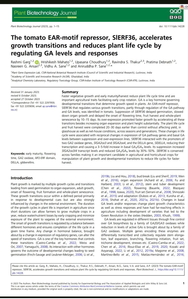 Many congratulations to Dr. AP Sane, Dr. VA Sane &amp; their team for the research article  "The tomato EAR-motif repressor, SlERF36, .......... responses" published in Plant Biotechnology Journal (IF 13.8). onlinelibrary.wiley.com/doi/full/10.11…
<a href="/akshasany/">Jagarnath Jai</a> <a href="/CSIR_IND/">CSIR, India</a> <a href="/DrJitendraSingh/">Dr Jitendra Singh</a> <a href="/DrNKalaiselvi/">N Kalaiselvi</a>