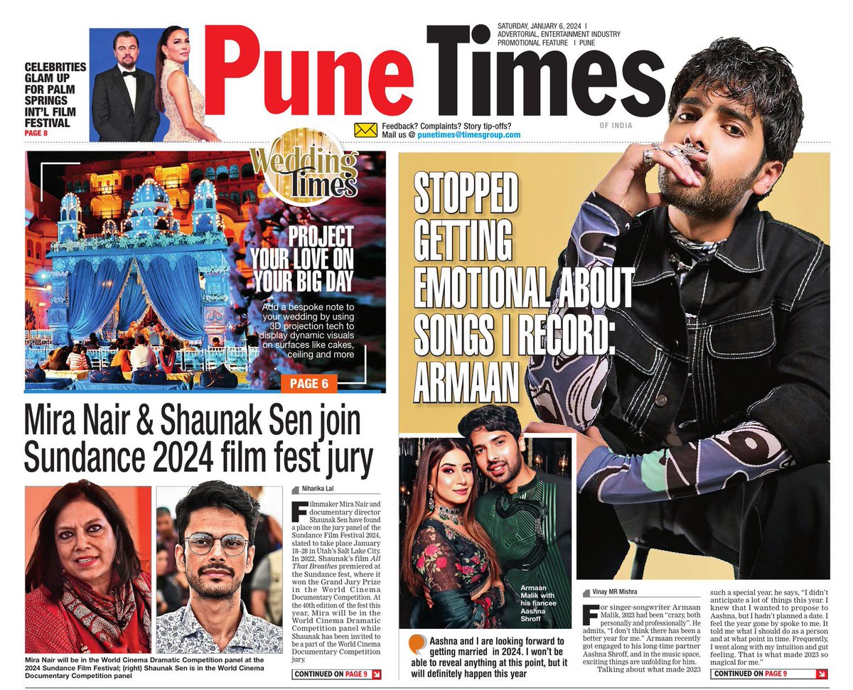 #PuneTimes front page: bit.ly/3gblple

#Photography gets 15-20% of wedding budget in #Weddings 
#ArmaanMalik talks on marriage plans with #AashnaShroff & his music
#MiraNair & #ShashankSen join #Sundance film jury set