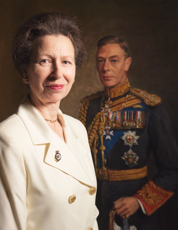HRH Princess Anne, The Princess Royal in front of a portrait of her grandfather King George VI. 

#PrincessAnne #KingGeorgeVI
