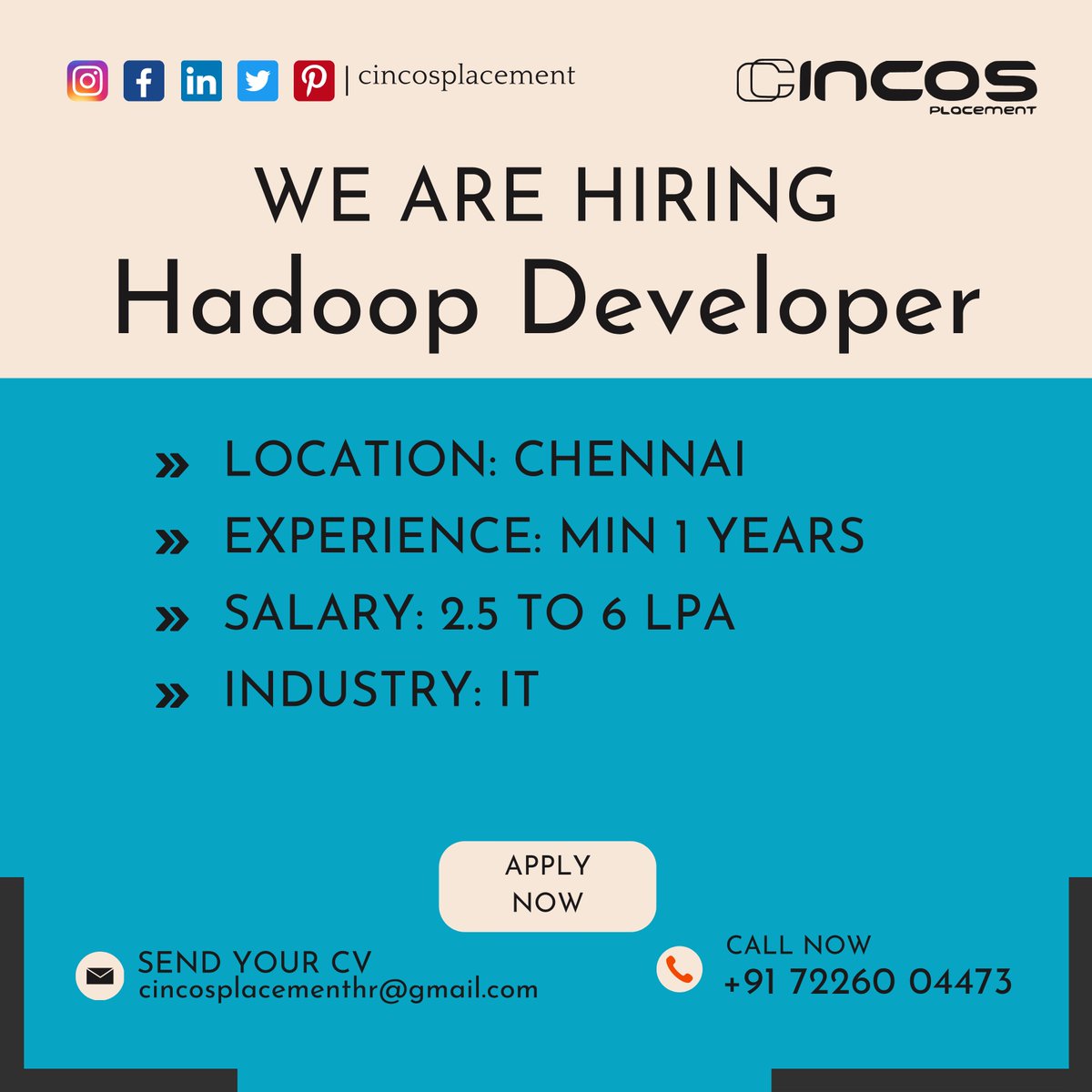 cincosplacement's tweet image. Explore opportunities as a Hadoop Developer with the best IT Placement Company in Chennai.
Contact Us
Phone: +91 7226004473
#HadoopDeveloper #ChennaiJobs #DataCraft #JobVacancy #TopITPlacementConsultancyInChennai #ITJobPlacementInChennai