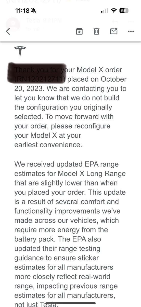 jackchenwolf's tweet photo. @SawyerMerritt I got this same email tonight!  I went ahead and updated my configuration.  I looked at all the details in my updated order and my configuration is exactly the same.  So I am not sure what the point was. https://t.co/1G8jrxDCo4