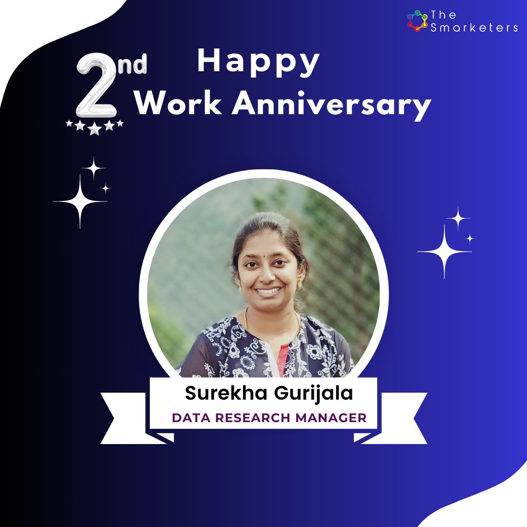 It's a milestone moment as we celebrate Surekha's 2nd work anniversary at The Smarketers! 🥳🎉

Here's to her continued energy and even greater achievements in the years ahead!

#WorkAnniversary #Milestone #TeamSmarketers #EmployeeAppreciation #CompanyCulture