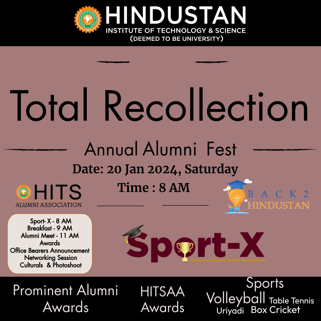 Total Recollection is back along with Sport X. Save the date Jan 20 ,2024. Annual Alumni Fest. We are excited to meet you all. #hits #hitsaa #alumnimeet #alumnireunion #alumninews