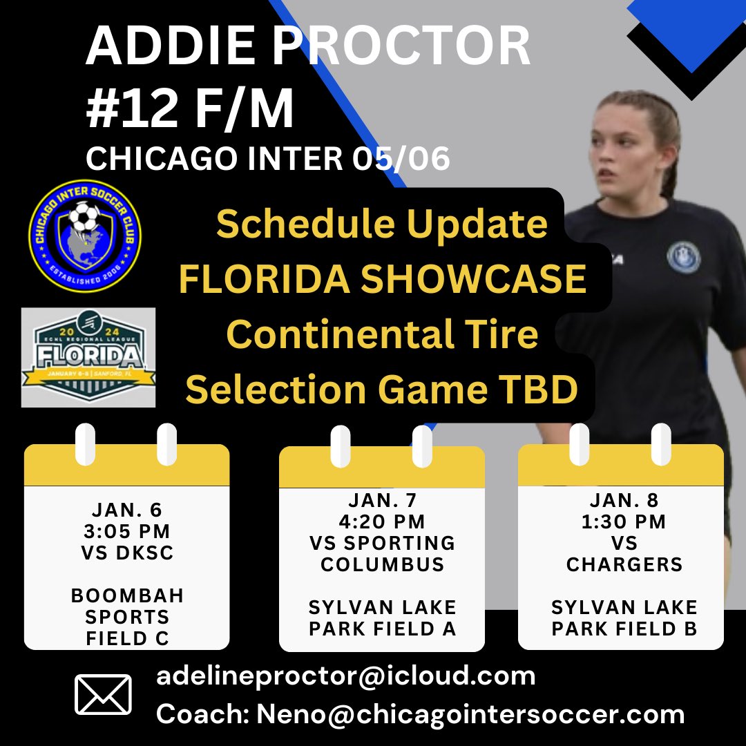 adeline_proctor's tweet photo. 💧Weather update!!  💧⛈️ ☔️
Due to the rain in Orlando, the Continental Tire ECNL RL Selection Game is delayed to Sunday, time is TBD.  Here is my new schedule as of tonight!  @chiINTER @Inter05GBlue  @ECNLgirls @ImCollegeSoccer @ImYouthSoccer https://t.co/Q92HjgDNLl