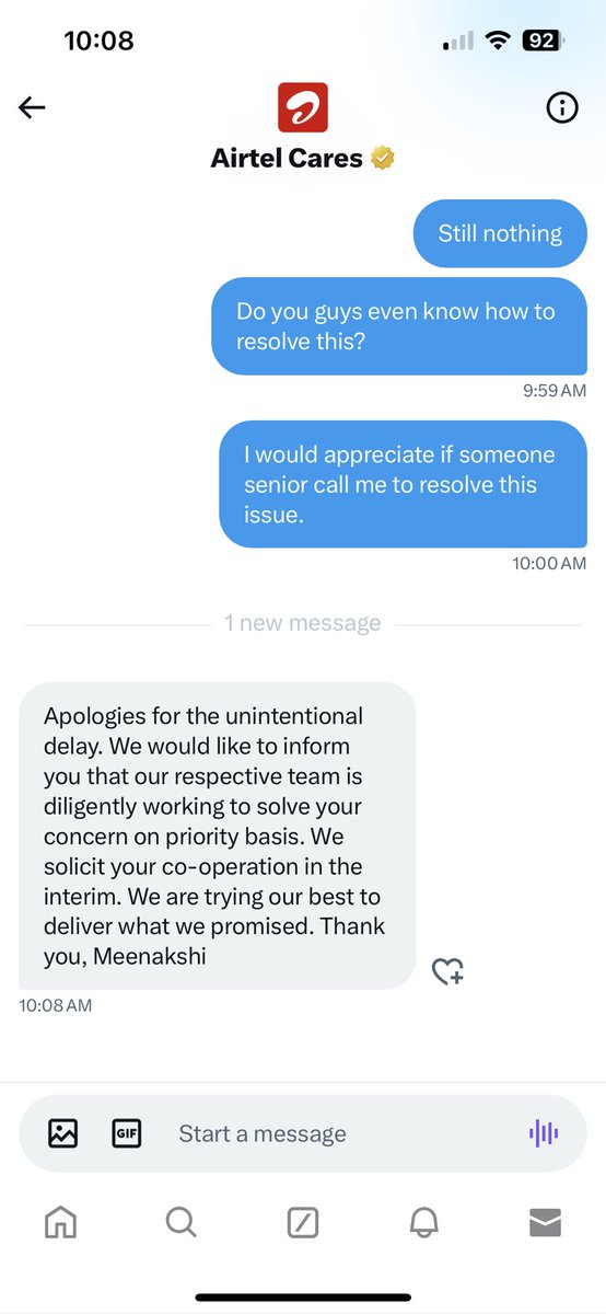 Gaurav Sarup (@gsarup) on Twitter photo After 5 days of non-resolution of a service complaint, this is what the <a href="/Airtel_Presence/">Airtel Cares</a> bot responds. Seriously pathetic customer service!
They have been saying the same thing for the last 5 days! <a href="/jagograhakjago/">Consumer Affairs</a> After 5 days of non-resolution of a service complaint, this is what the <a href="/Airtel_Presence/">Airtel Cares</a> bot responds. Seriously pathetic customer service!
They have been saying the same thing for the last 5 days! <a href="/jagograhakjago/">Consumer Affairs</a>