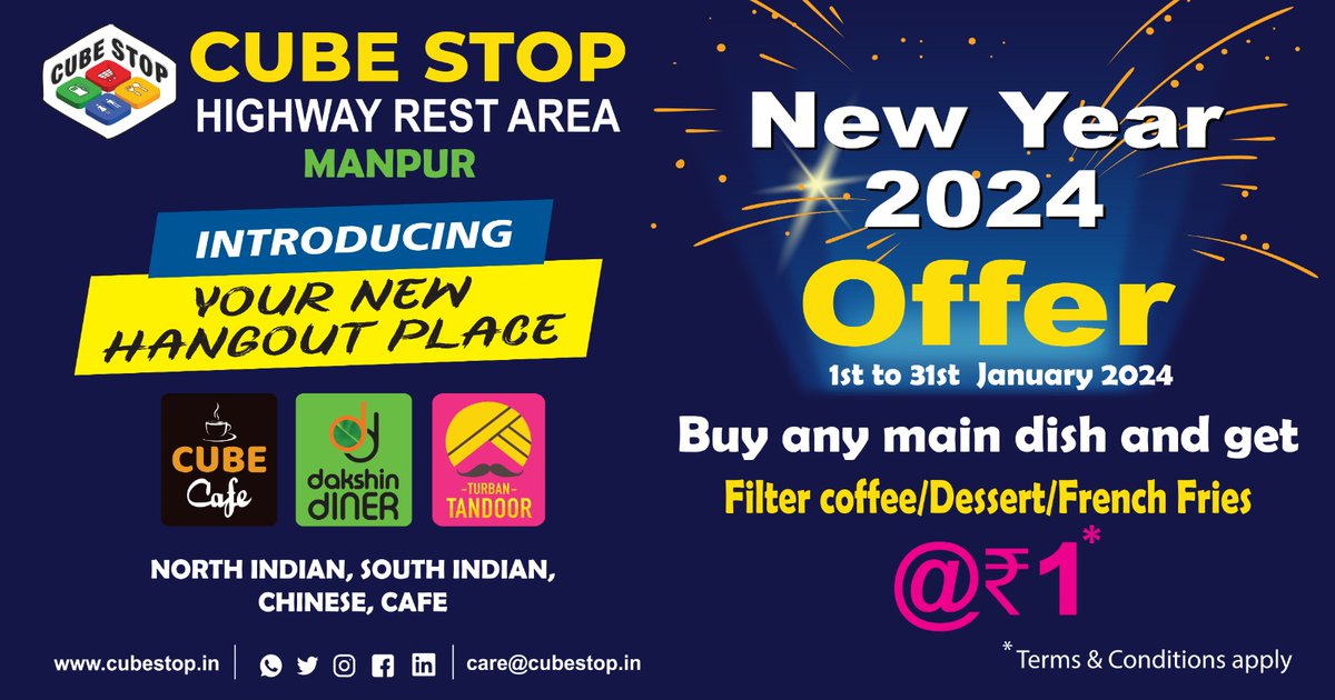 cubestopindia's tweet image. Introducing the all-new Cube Stop in Manpur, Your ultimate hangout spot! Purchase any main dish and treat yourself to Filter Coffee, Dessert, or French Fries for just ₹1.

#cubestop #manpur #NewYearFlavors