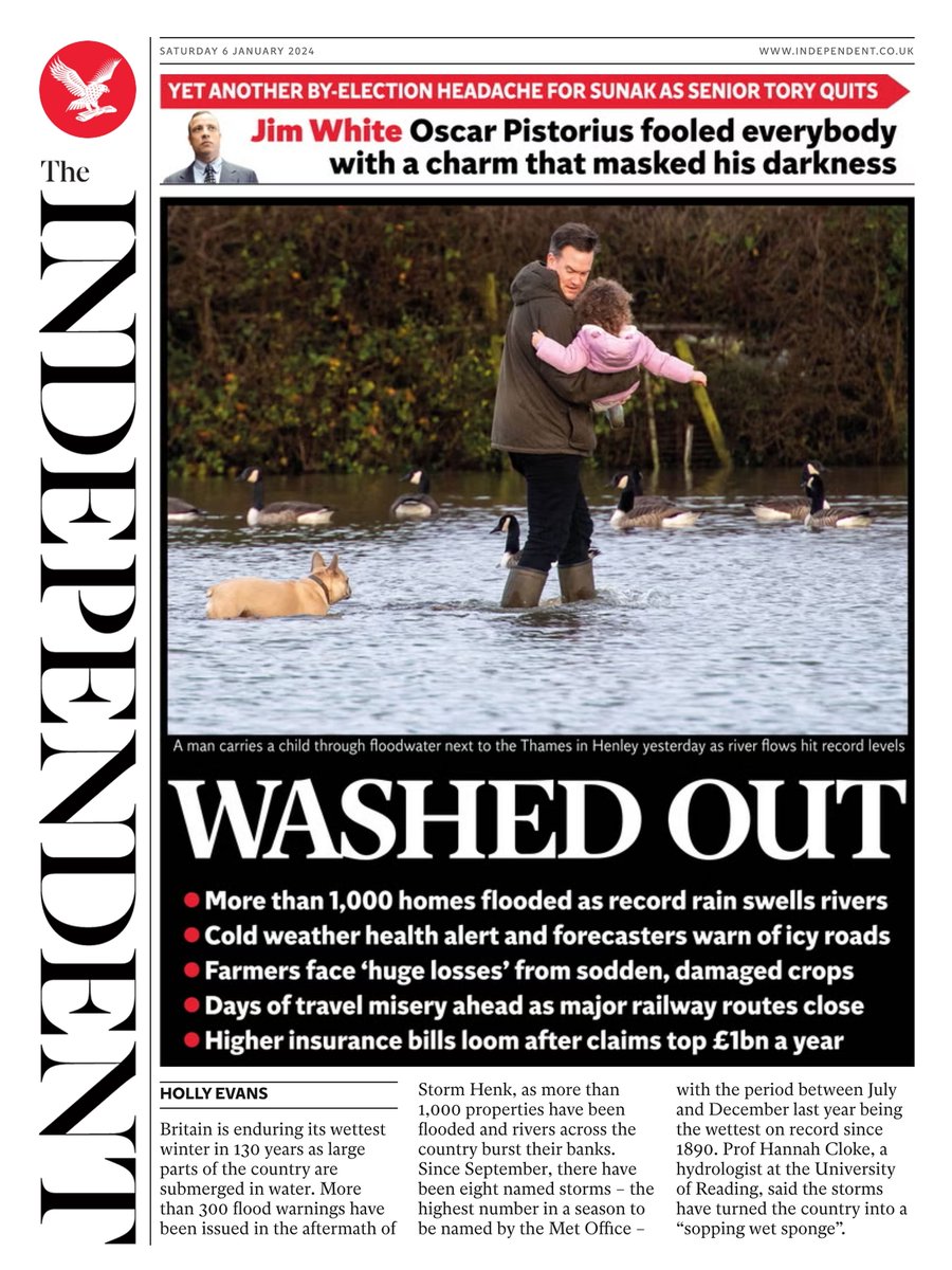 🇬🇧 Washed Out ▫Sodden Britain in the grips of wettest winter in 130 years ▫More than 1,000 homes flooded as record rain swells rivers ▫Cold weather alert & forecasters warn of icy roads ▫@holly_evans98 ▫tinyurl.com/ysu6qnn9 🇬🇧 #frontpagestoday #UK @Independent #digital