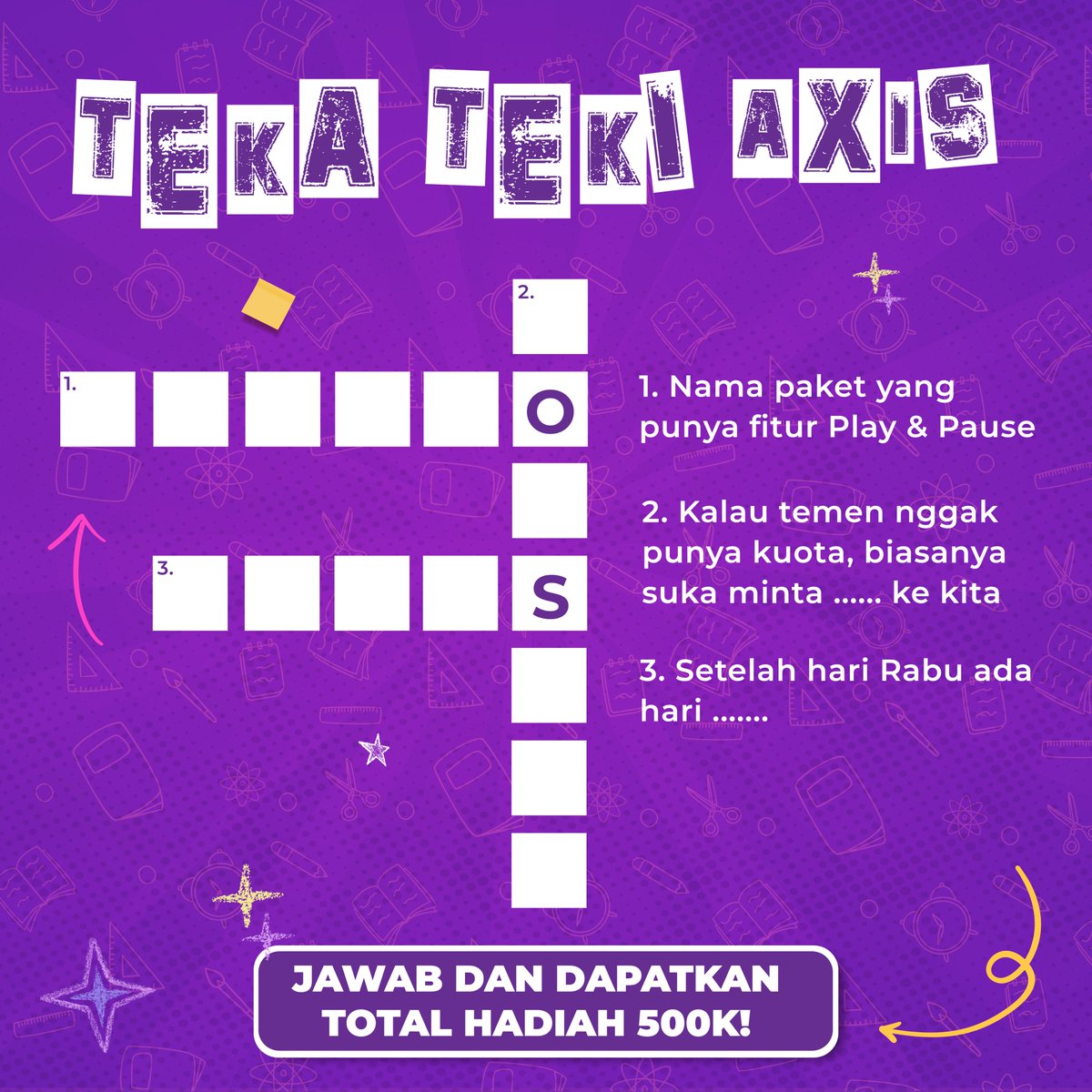 AXISgsm's tweet photo. Daripada mikirin dia yang penuh teka-teki, mending pecahin teka teki ini yang bisa dapet hadiah🥳

Caranya EZ banget nih:
1. Wajib follow  @AXISgsm
2. Like &amp; retweet tweet ini
2. Jawab sesuai urutan nomor &amp; mention 3 temen kamu
3. Periodenya 6 - 9 Januari 2024

#EmangKitaBeda https://t.co/ozgWpdriOj