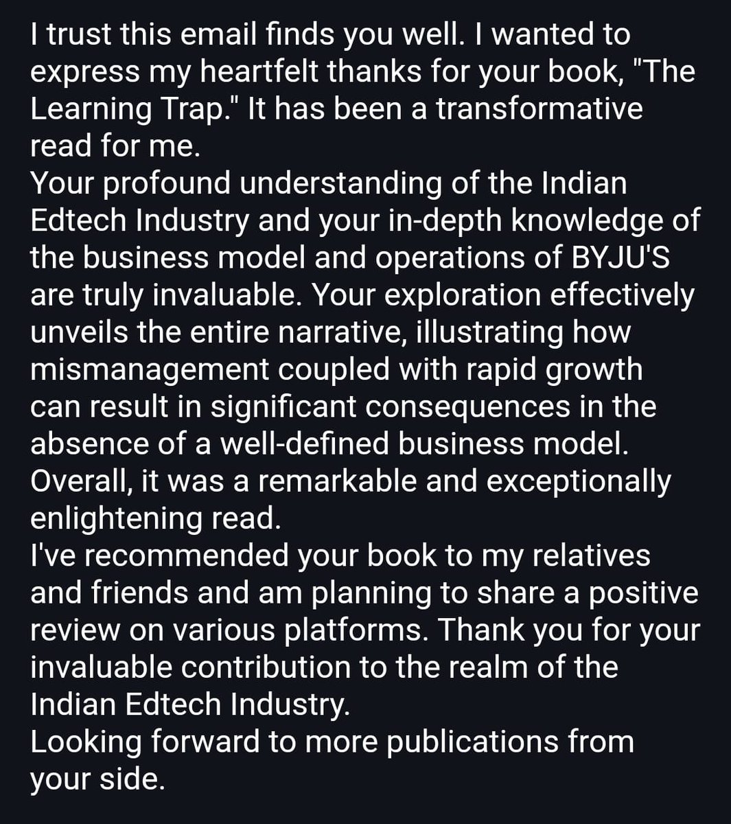 sahaprd's tweet photo. Readers make us who we are.
This review of The Learning Trap: How Byju's Took Indian Edtech For a Ride, published by @juggernautbooks, came via email.
Have you got your copy yet?
#TheLearningTrap https://t.co/MYE3nSnduW