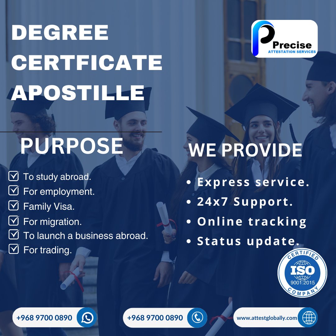 Degree certificate attestation in Oman is a crucial process that verifies the authenticity and legitimacy of your educational documents.
Visit us: attestglobally.com
Contact us: +968 9700 0890
#Attestation #legal #apostille 
#oman #certificateattestationinoman