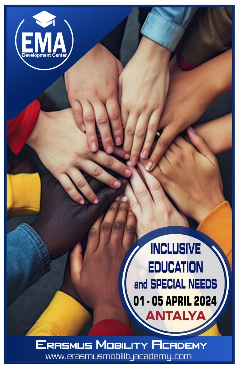 Erasmus+ CONFIRMED Courses
ANTALYA
01 - 05 APR 2024
Inclusive Education and Special Needs
Contact us: erasmusmobilityacademy.com/courses/inclus…
info@erasmusmobilityacademy.com

#specialneeds #inclusiveeducation #erasmuslife #antalya #ErasmusTeacherTraining #erasmuscourses  #erasmusplusproject