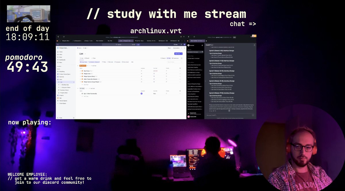 Regularity needed. 

12 Hours Study With Me, Yayindayim twitch.tv/janberkucar   

Benimle calisabilir, gelip sadece muzik dahi dinleyebilirsiniz. 
Programming

#programming #coworking #CoWorking #development #webdevelopment #streaming  #coding #streamersupport #twitchtvch