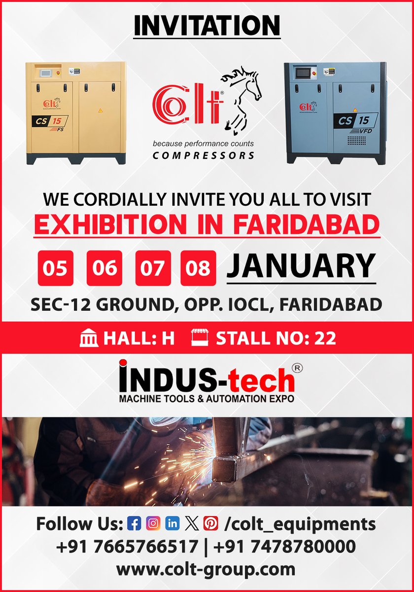 Colt_Equipment's tweet image. We Cordially Invite You All To Visit
Exhibition In Faridabad
.
Get in touch with us to know more.
+91 7665766517
+91 7478780000
colt-group.com
.
#Industech #machineandtools #exhibition #engineering #machine #equipment #compressors #instrument #tools #expo #tech #engineer
