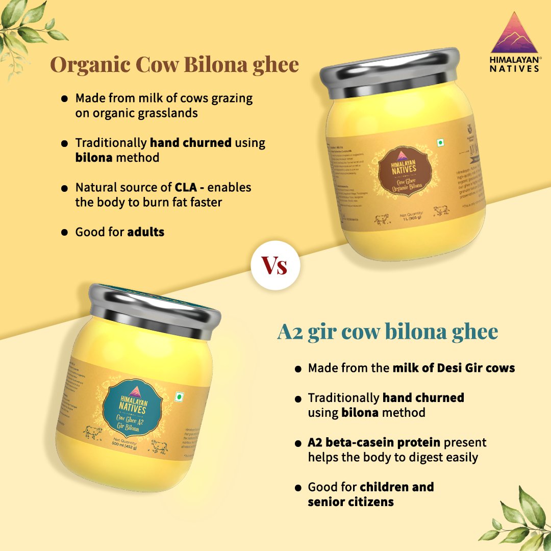 Dive into the world of our Bilona Ghee! 🍯

Know what sets our Organic Cow Bilona Ghee and A2 Gir Cow Bilona Ghee apart👇🏻 

Both traditionally made with the ancient Bilona method, each boasting unique health benefits. 💪🏻

#BilonaGhee #OrganicGhee #DesiCowGhee #HimalayanNatives