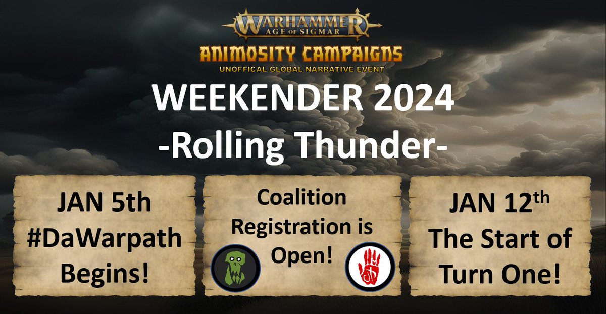 AnimosityCmpgns's tweet photo. #DaWarpath leading up to the Animosity Campaigns Weekender 2024 begins!!!
Players can register in Discord under the weekender-registration channel.
https://t.co/YILOxLjbwg
#GamesWorkshop #WarhammerCommunity #NarrativePlay #Warhammer #AgeofSigmar #AnimosityCampaigns #Warcry https://t.co/wuCn4OD0Bw