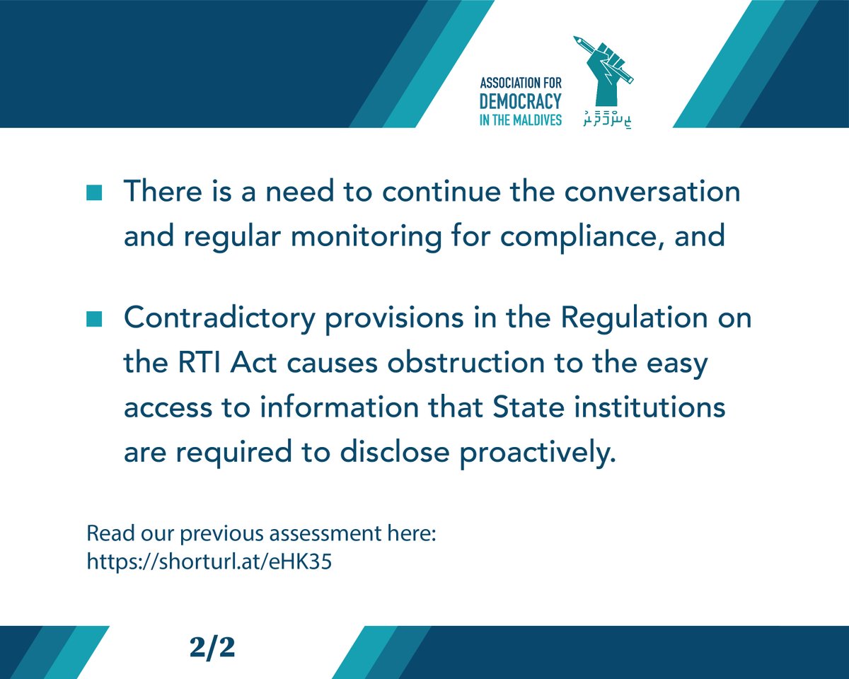 AssocDemocracy's tweet photo. We conducted a follow up to our previous assessment (2022) of state compliance to section 37 (on Proactive disclosure) of the Right to Information Act of the Maldives.
We found that the proactive disclosure score of the majority of monitored institutions have fallen.
1/3 #RTI https://t.co/IQc4F8sTob