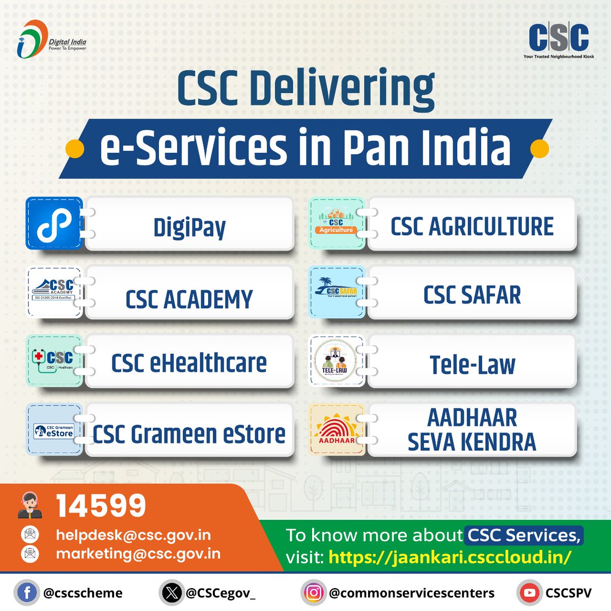 CSC - Your Trusted Neighbourhood Kiosk... Delivering e-Services in PAN India... To know more about CSC Services, visit: jaankari.csccloud.in For queries, call 14599 or write to helpdesk@csc.gov.in #CSC #DigitalIndia #CSCJaankariPortal #CSCJaankari #JaankariSuvidhaPortal