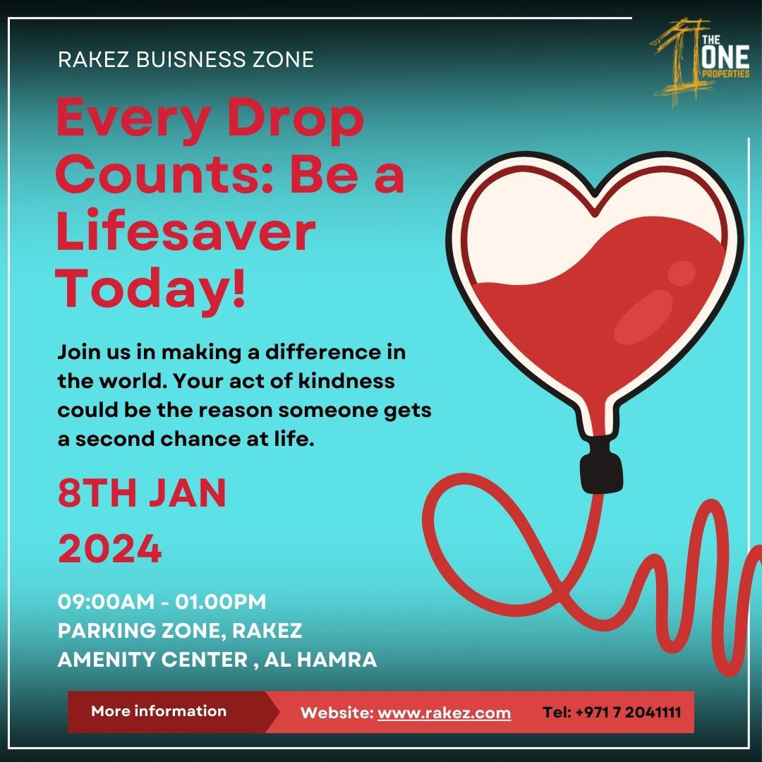 The1Properties's tweet photo. "Join us in the blood donation campaign organized by RAKEZ and Emirates Health Services. Date: Jan 8, 2024, Time: 9 AM - 1 PM at RAKEZ Business Zone – Al Hamra. Your contribution can save lives! 💪 #RAKEZBloodDonation #CommunityHealth #SaveLivesRAK" https://t.co/nSH3zPG5cI