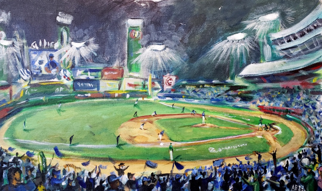 andybisanartist's tweet photo. 7) After the release of #ElArteDelBeisbol I returned to 🇩🇴 to paint the @LIDOMRD RR & finals. Highlights - painting the @TigresdelLicey final win / Celebrating with league MVP @_JorgeAlfaro11 / Catching up with @RobinsonCano & exhibiting work at #TheLastOut premier @samikhanfilm https://t.co/zSEBRVeh3u