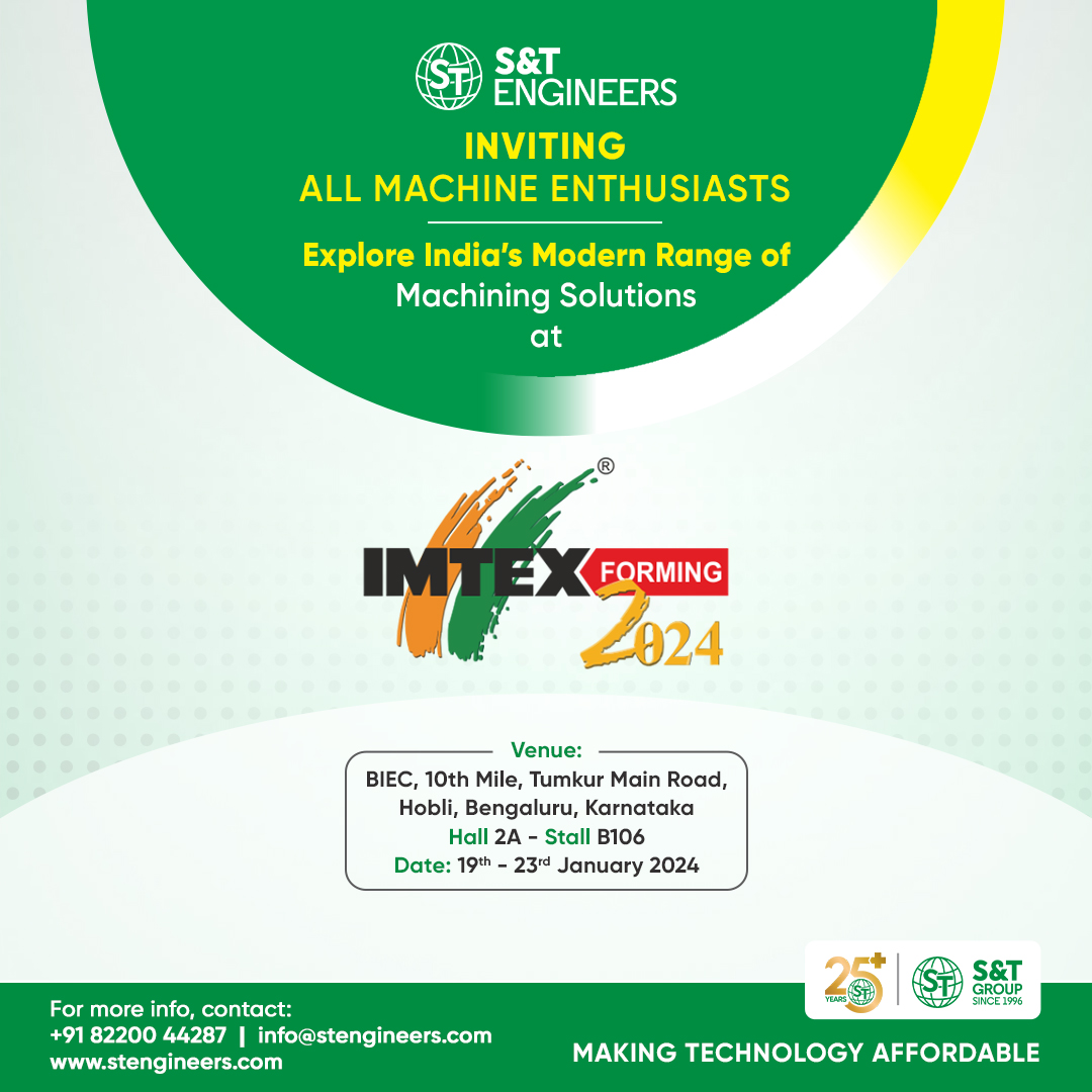 STEngineersPvt1's tweet photo. Join us at @IMTEX Forming2024! 🚀 Discover cutting-edge metal forming tech from January 19-23, 2024, at Bangalore International Exhibition Centre. Explore the future of manufacturing with S&amp;T Engineers at Hall2A - Stall B106. Don't miss it! #Manufacturing #Innovation" https://t.co/4Lv3IdaTGK