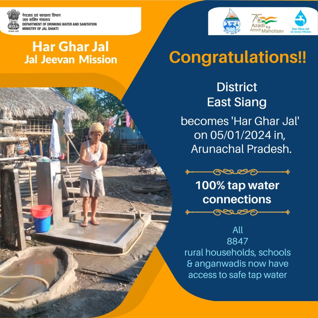 So happy to share that every household in East Siang district now has access to clean water, achieving 'Har Ghar Jal' status.

A significant accomplishment towards ensuring a healthier community.

Congratulations to the District Administration!

<a href="/jaljeevan_/">Jal Jeevan Mission- #JalJeevanMission #HarGharJal</a> <a href="/JjmArunachal/">JJM Arunachal</a>