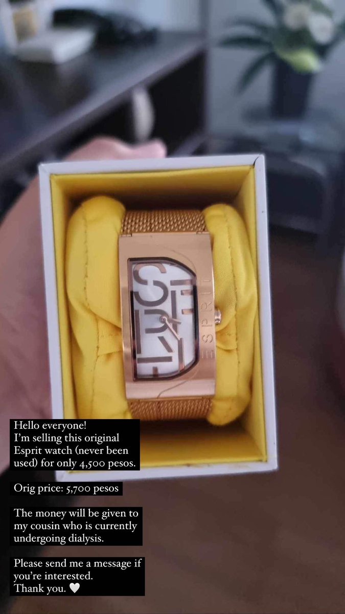 Hello everyone! 
I’m selling this original Esprit watch (never been used) for only 4,500 pesos. 

Orig price: 5,700 pesos

The money will be given to my cousin who is currently undergoing dialysis. 

Please hmu if you’re interested.
Thank you. 🤍

wts lfb ph
